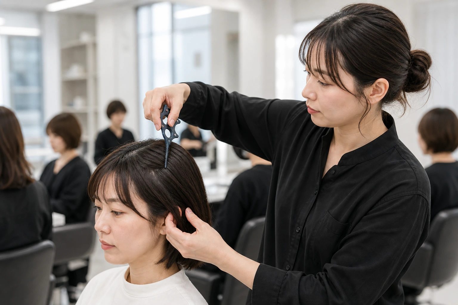 右手でSGコームを立ててモデルの生え際へ施術する講師