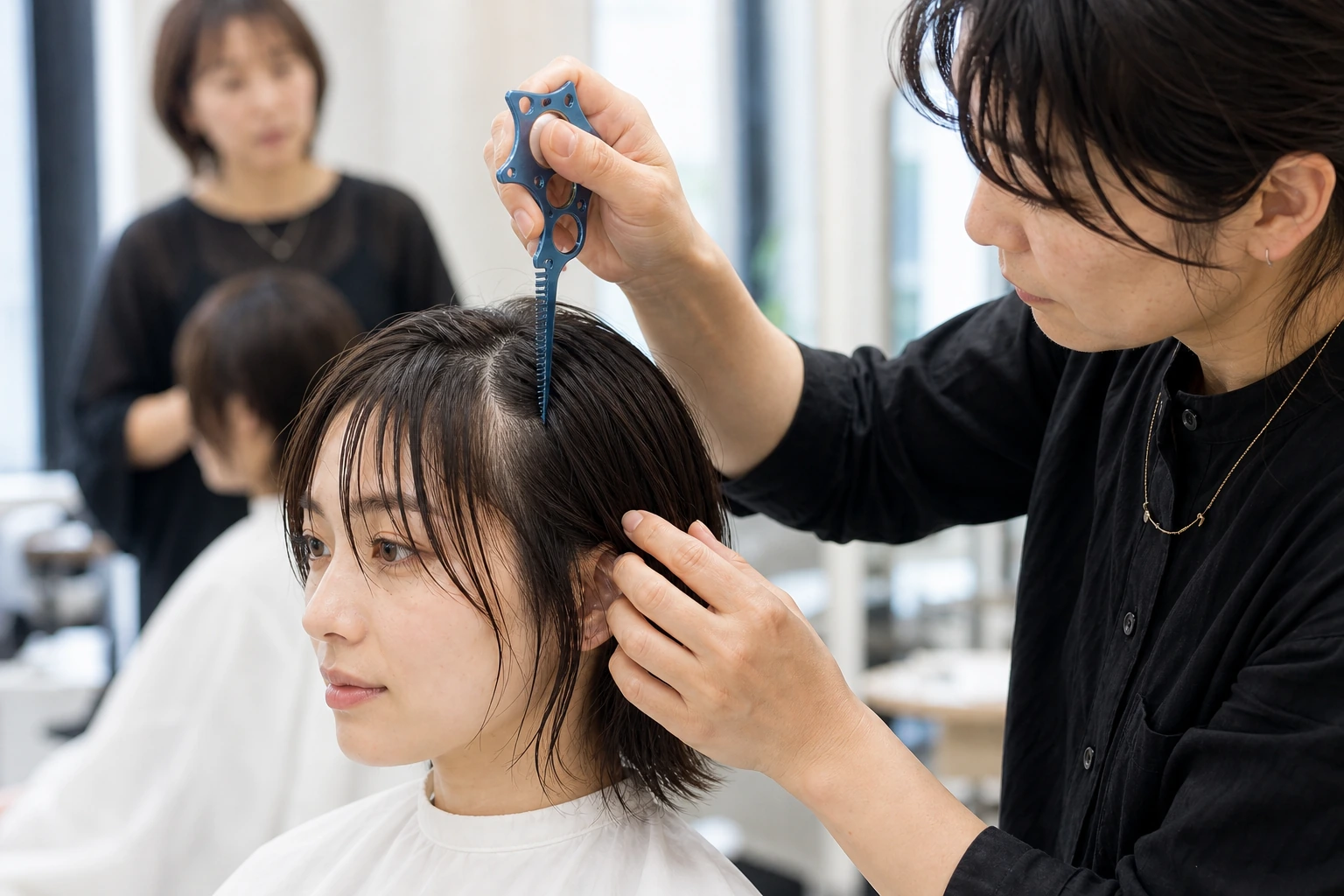 右手でSGコームを立てて前髪と顔周りの生え際へアプローチする様子